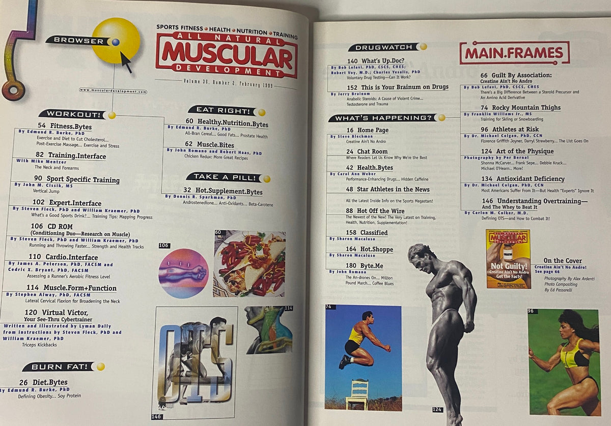 Inside pages of Muscular Development Magazine February 1999, showing the table of contents with sections on workouts, nutrition, and features including 'Drugwatch' and 'Main Frames', summarizing the magazine's key articles.
