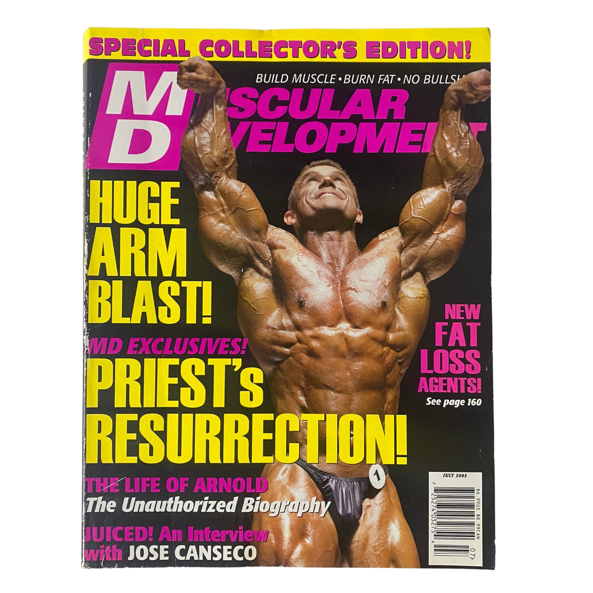 Cover of Muscular Development Magazine July 2005, Vol 42 No. 7 featuring Lee Priest showcasing bodybuilding achievements with bold graphics and vibrant colors.