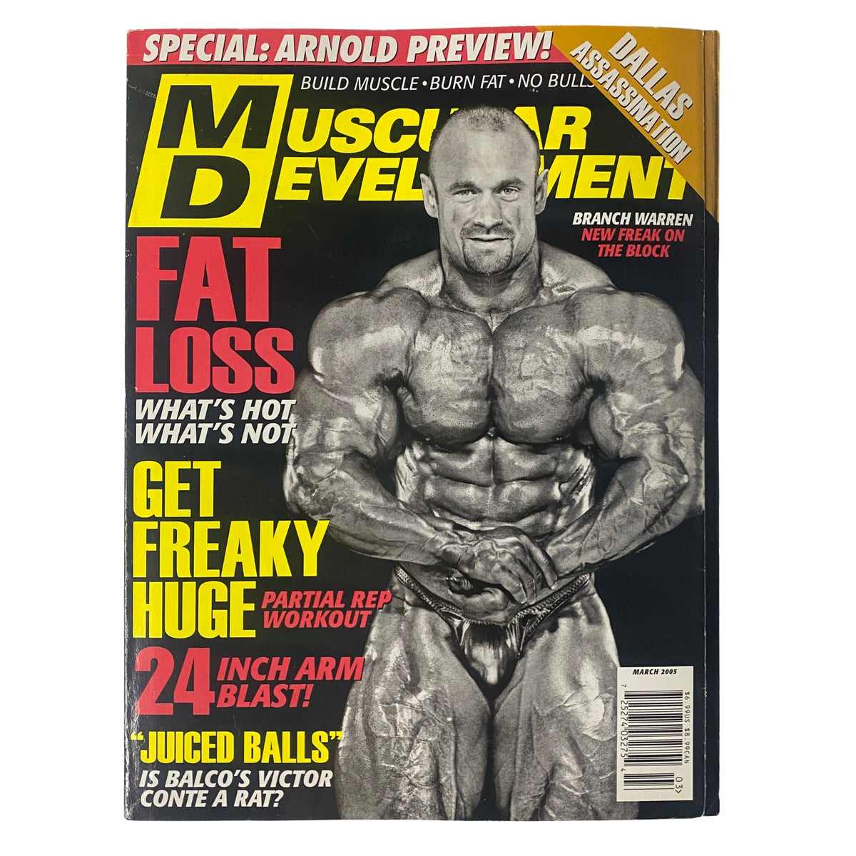 Cover of Muscular Development Magazine, March 2005, Vol 42 No 3 featuring professional bodybuilder Branch Warren. The cover highlights topics such as fat loss and workout advice, showcasing an athlete physique.
