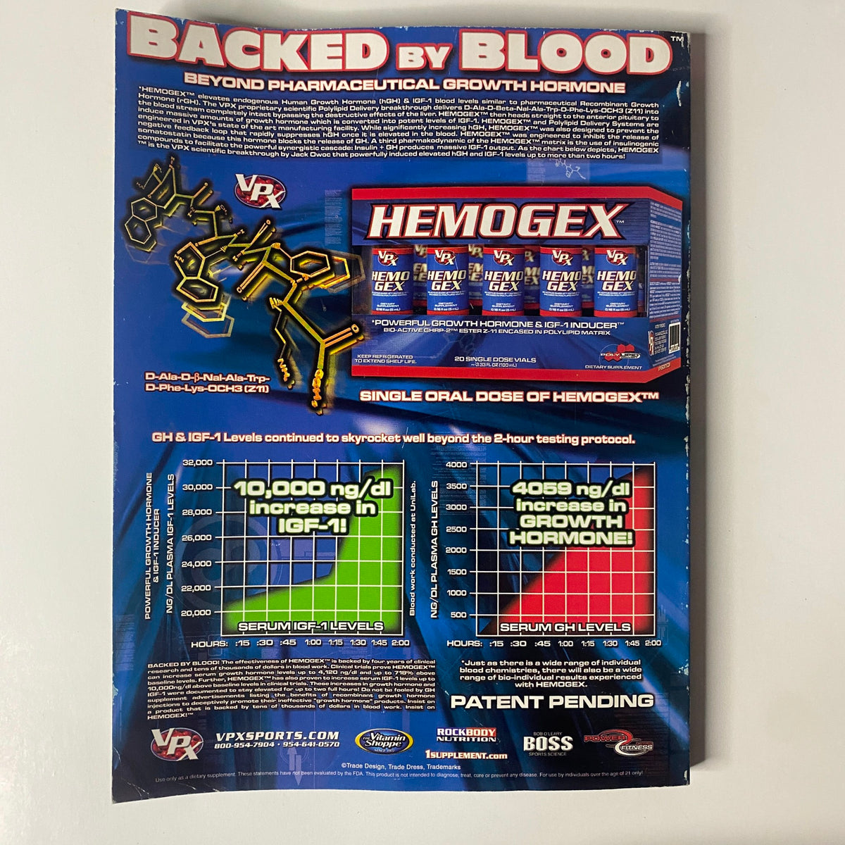 Advertisement page from Muscular Development Magazine, March 2005, showcasing Hemgex, with visuals related to growth hormone benefits and IGF-1 levels, in the context of bodybuilding nutrition.