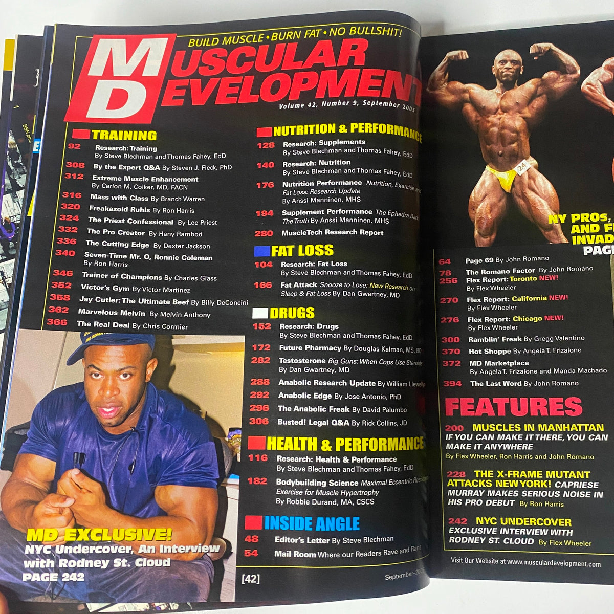Inside page of Muscular Development Magazine September 2005, showcasing the table of contents including training and nutrition sections.