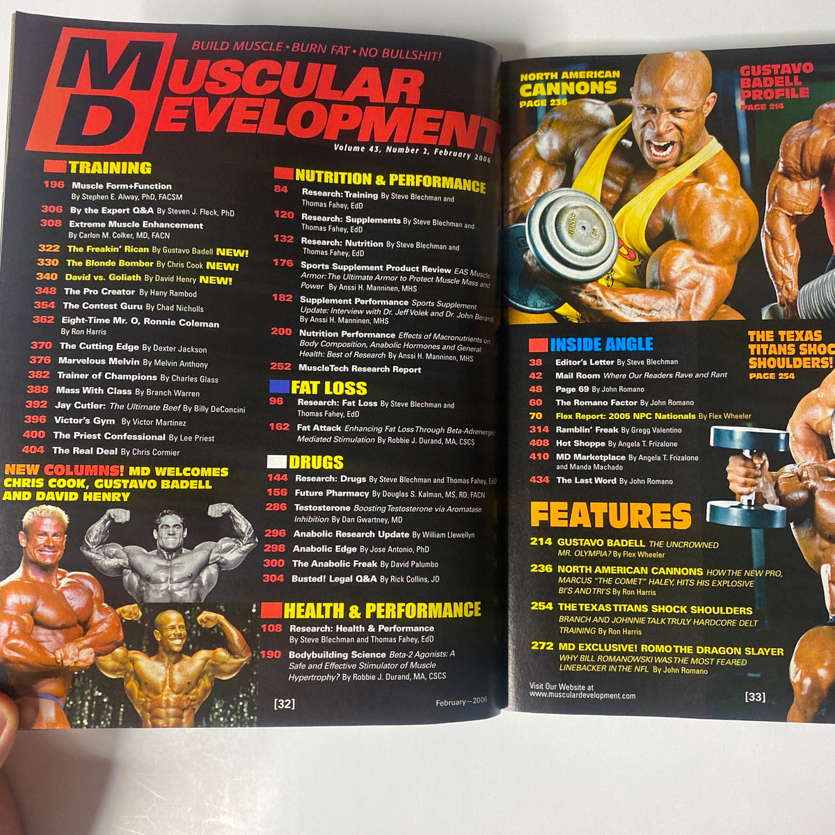 Inside spread of Muscular Development Magazine February 2006 showcasing the table of contents. Features articles on training, nutrition, performance, and contributions from Gustavo Badell, Chris Cook, and David Henry.