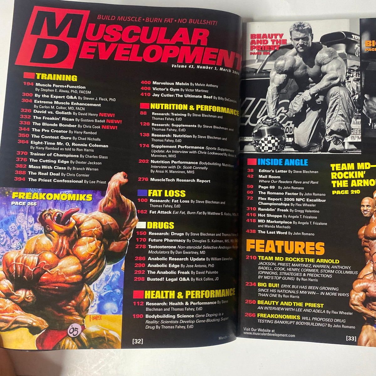 Inside spread of Muscular Development Magazine March 2006 highlighting training insights, nutrition performance, and various features, including Team MD Rock'n the Arnold.