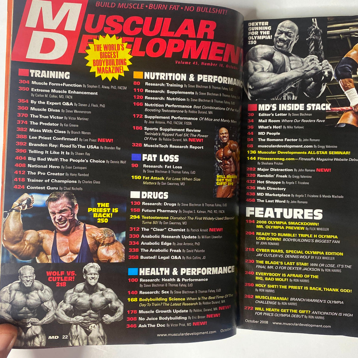 Muscular Development Magazine October 2008 featuring Lee Priest and Adela Garcia, includes a detailed table of contents highlighting training, nutrition, performance, and features on bodybuilding stars.
