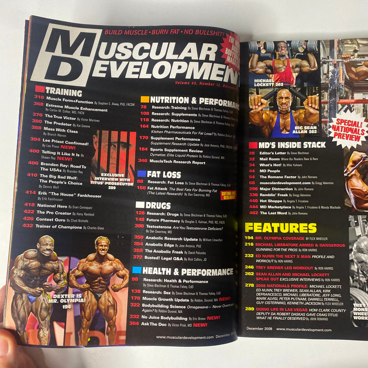 Interior page of Muscular Development Magazine December 2008 displaying content on training and nutrition, highlighting features from the bodybuilding world.