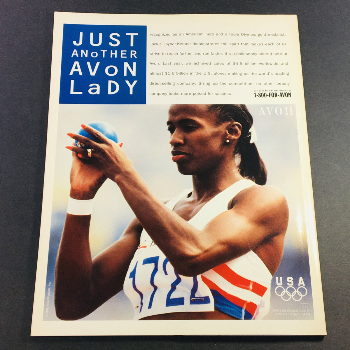 Cover of the 1996 Olympic Games Atlanta Viewer's Guide Commemorative Centennial Edition featuring Olympic athlete Jackie Joyner-Kersee, emphasizing her achievements and her association with Avon cosmetics.