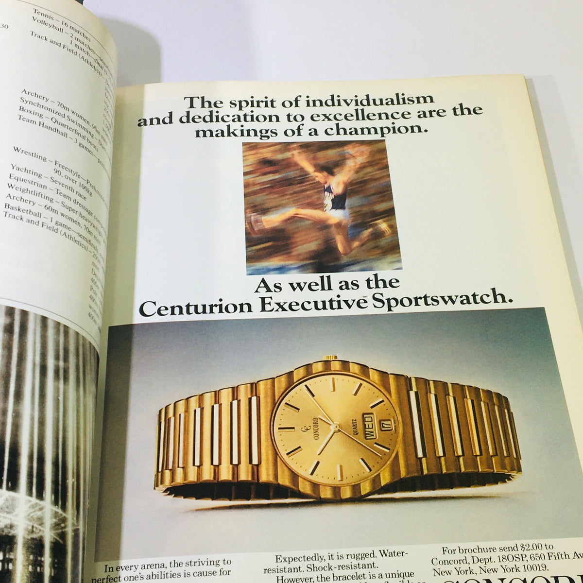Page from the Official Olympic Souvenir Program 1984 - Games of XXIIIrd Olympiad Los Angeles showcasing a Centurion Executive Sportswatch and an athletic image, highlighting dedication and success.