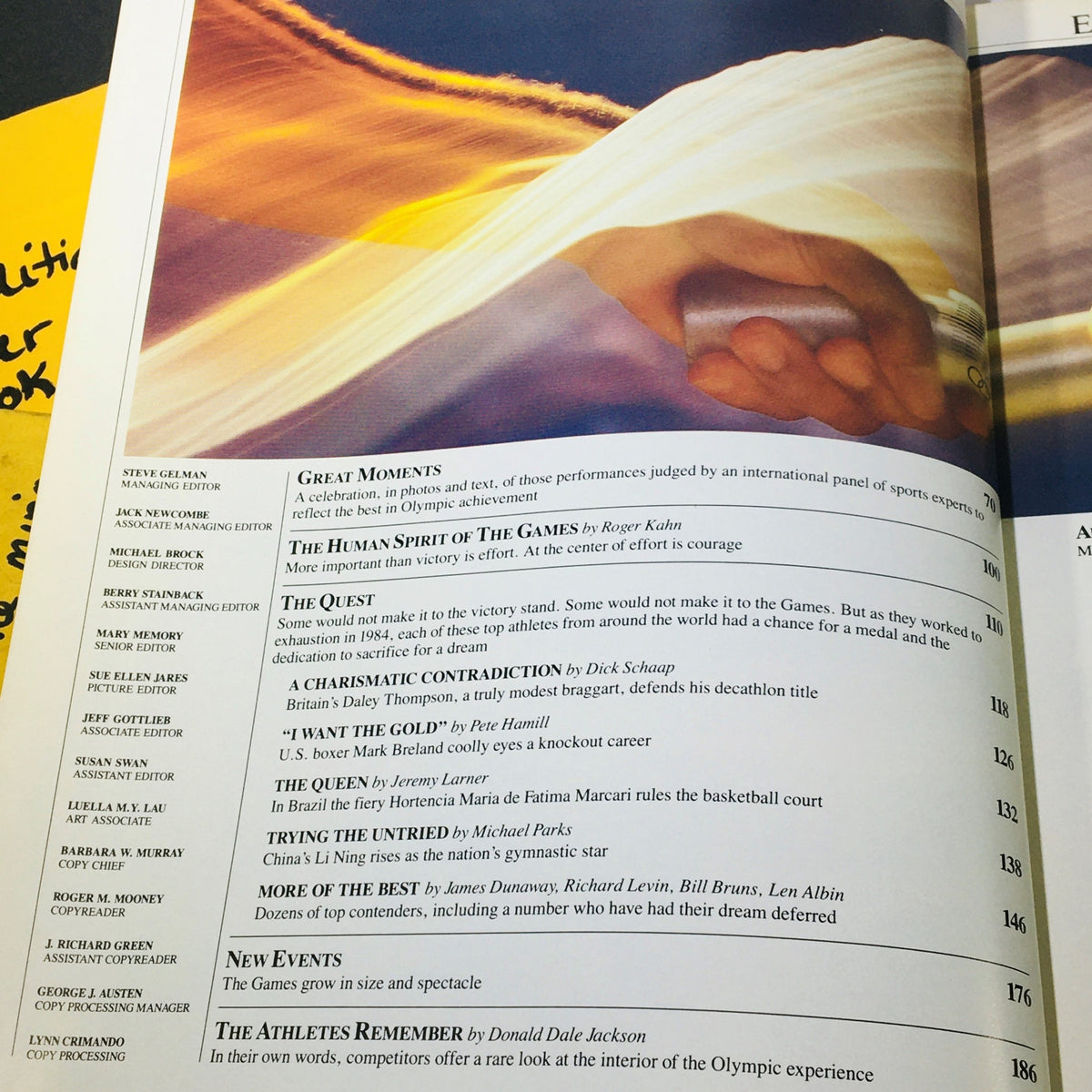 Contents page of the Official Olympic Souvenir Program 1984 - Games of XXIIIrd Olympiad Los Angeles detailing sections including Great Moments and The Human Spirit of the Games.