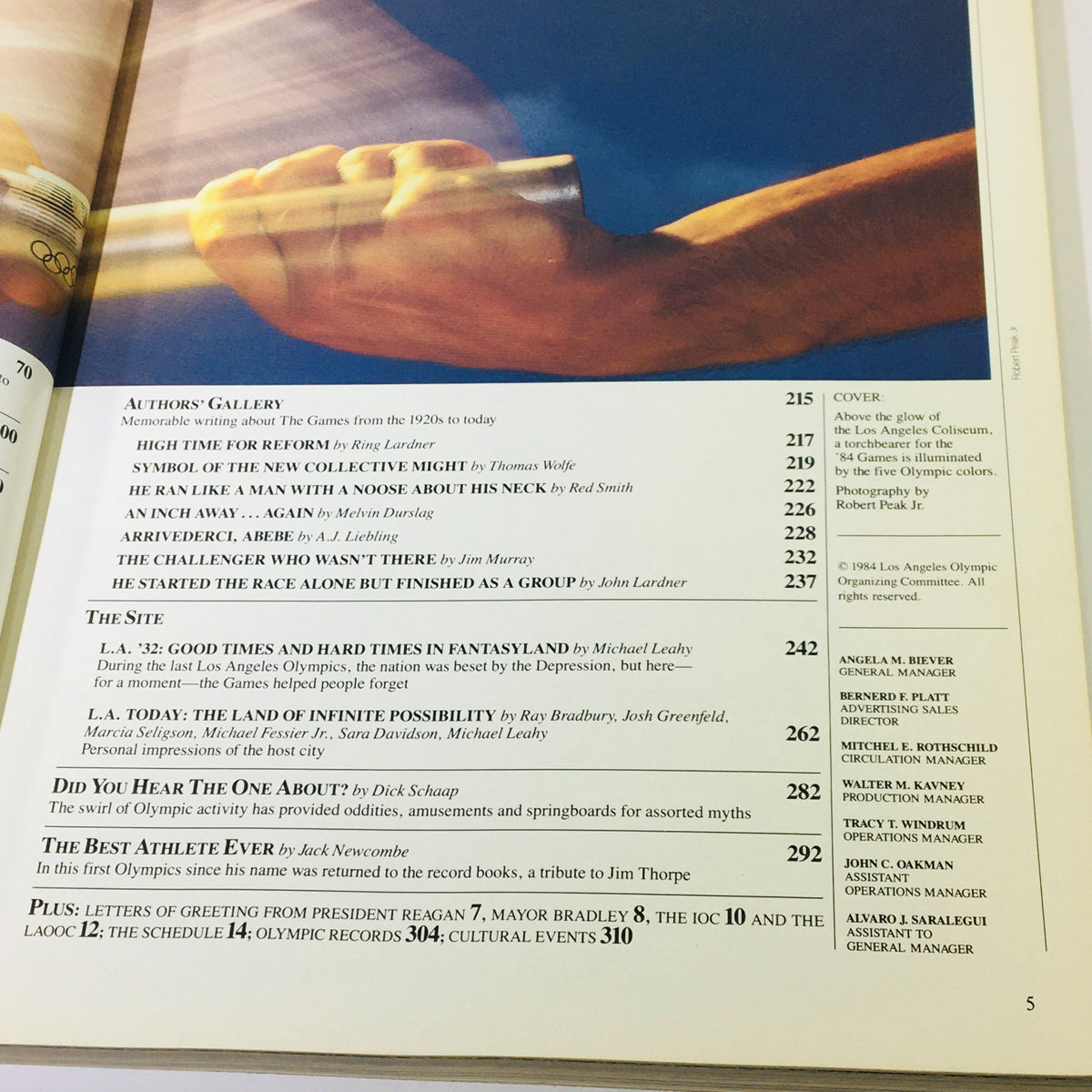 Authors Gallery page from the Official Olympic Souvenir Program 1984 - Games of XXIIIrd Olympiad Los Angeles, featuring notable writings on Olympic history and experiences.