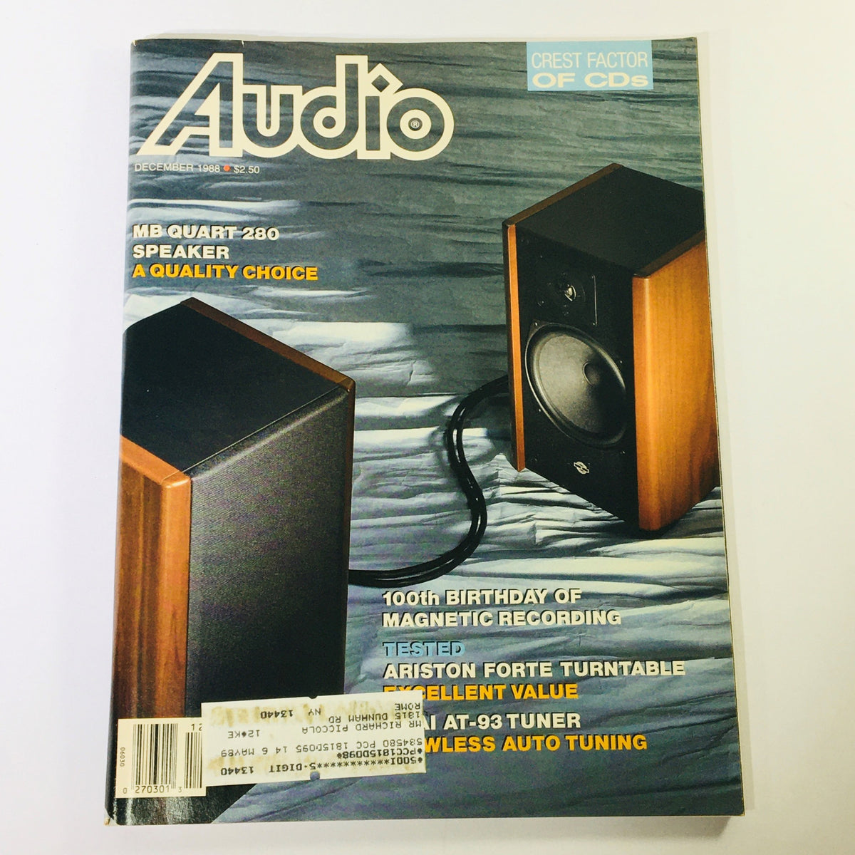 Cover of the VTG Audio Magazine, December 1988 issue, featuring the MB Quart 280 Speaker. The cover highlights the speaker's quality choice and includes articles on magnetic recording and audio technology. The magazine is designed with a vintage aesthetic, showcasing audio equipment from the late 80s.