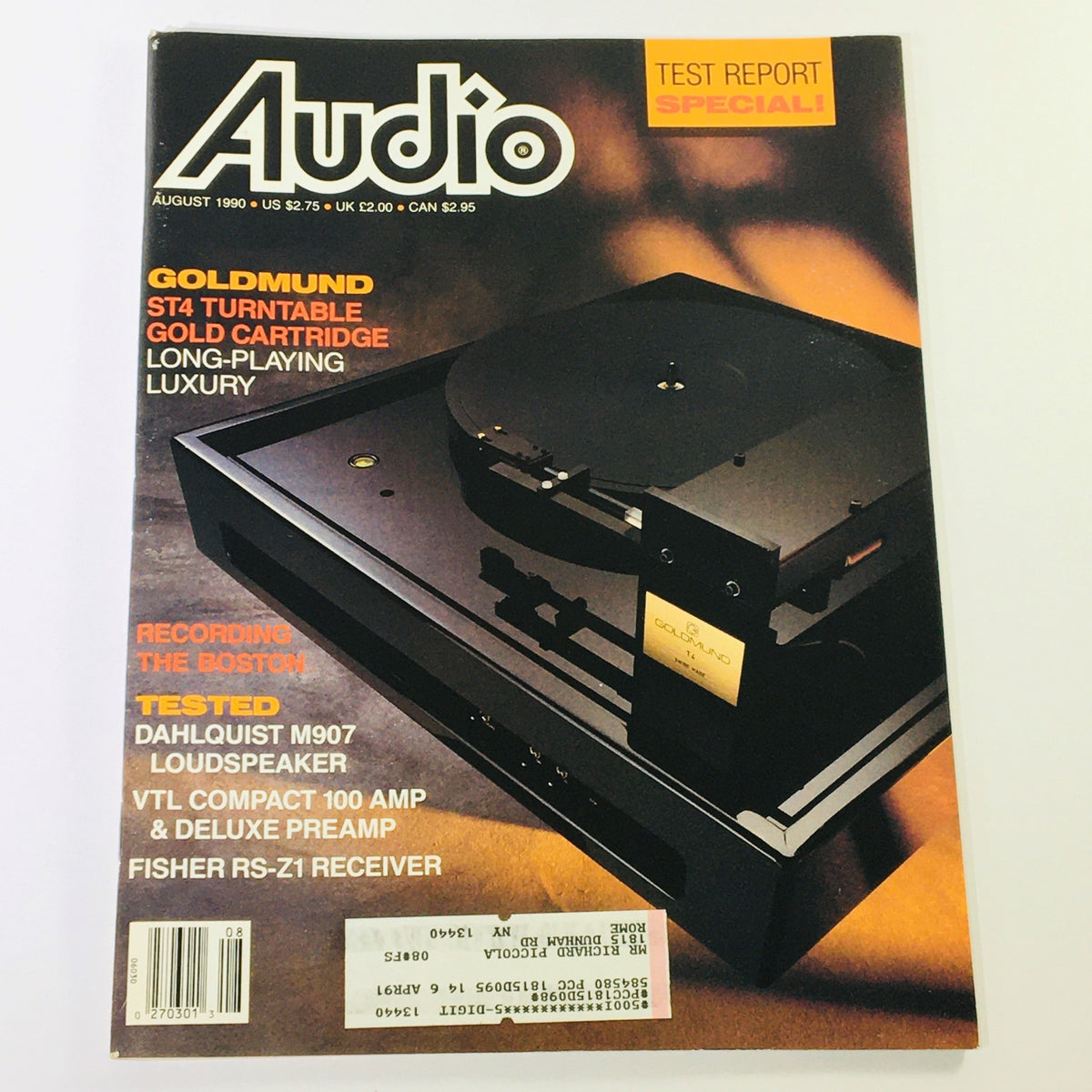 Cover of Audio Magazine August 1990 showcasing the ST4 Turntable Gold Cartridge and Fisher RSZ1 Receiver, featuring details about audio technology and reviews.