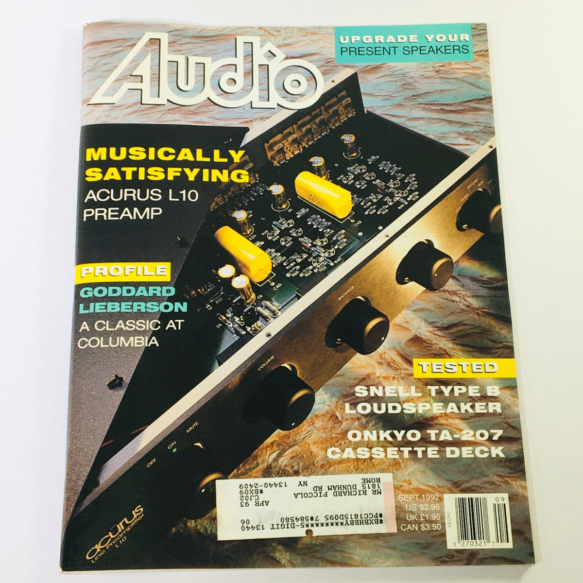 Cover of Audio Magazine September 1992 featuring a profile on Goddard Lieberson and a detailed review of the Acurus L10 Preamp