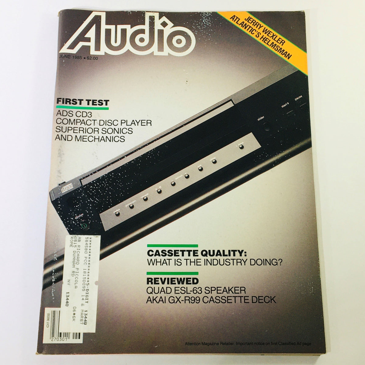 Cover of VTG Audio Magazine June 1985 featuring Jerry Wexler, Atlantic's helmsman. The magazine showcases the first test of ADS CD3 compact disc player and includes reviews of audio equipment like the Quad ESL-63 speaker and Akai GX-R99 cassette deck.