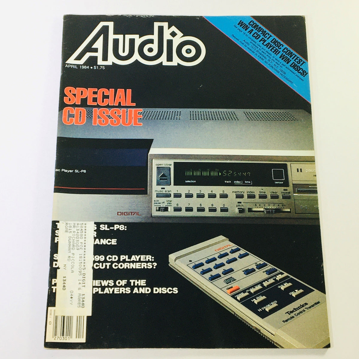 Cover of VTG Audio Magazine April 1984 featuring a Digital Disc Player SL-P8 and compact disc players, labeled as 'SPECIAL CD ISSUE'. The magazine showcases vintage audio technology and includes insights into the evolution of digital music.
