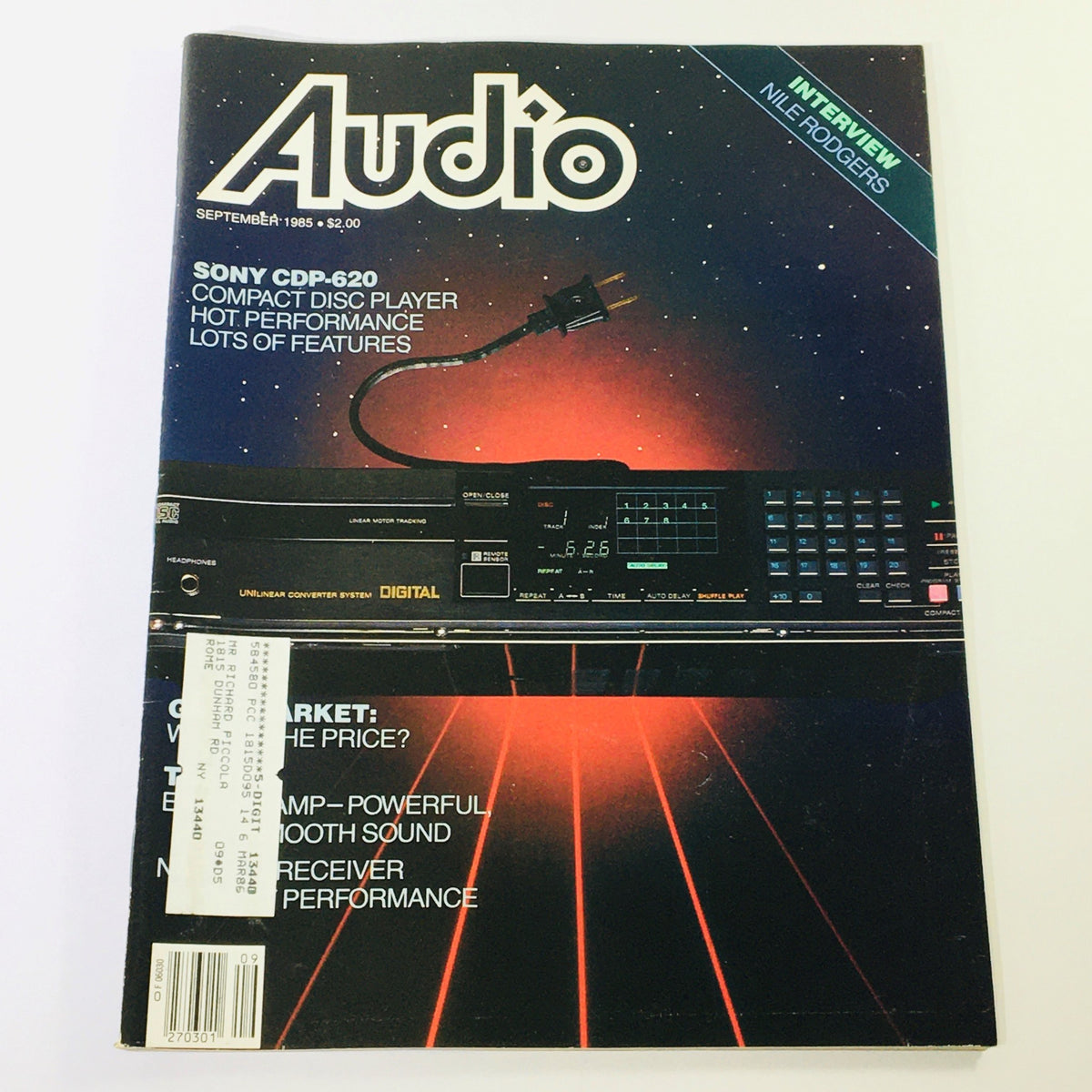 VTG Audio Magazine September 1985 featuring an in-depth review of the Sony CDP-620 and an interview with Nile Rodgers, showcasing a vintage audio magazine cover with a striking design and prominent features.