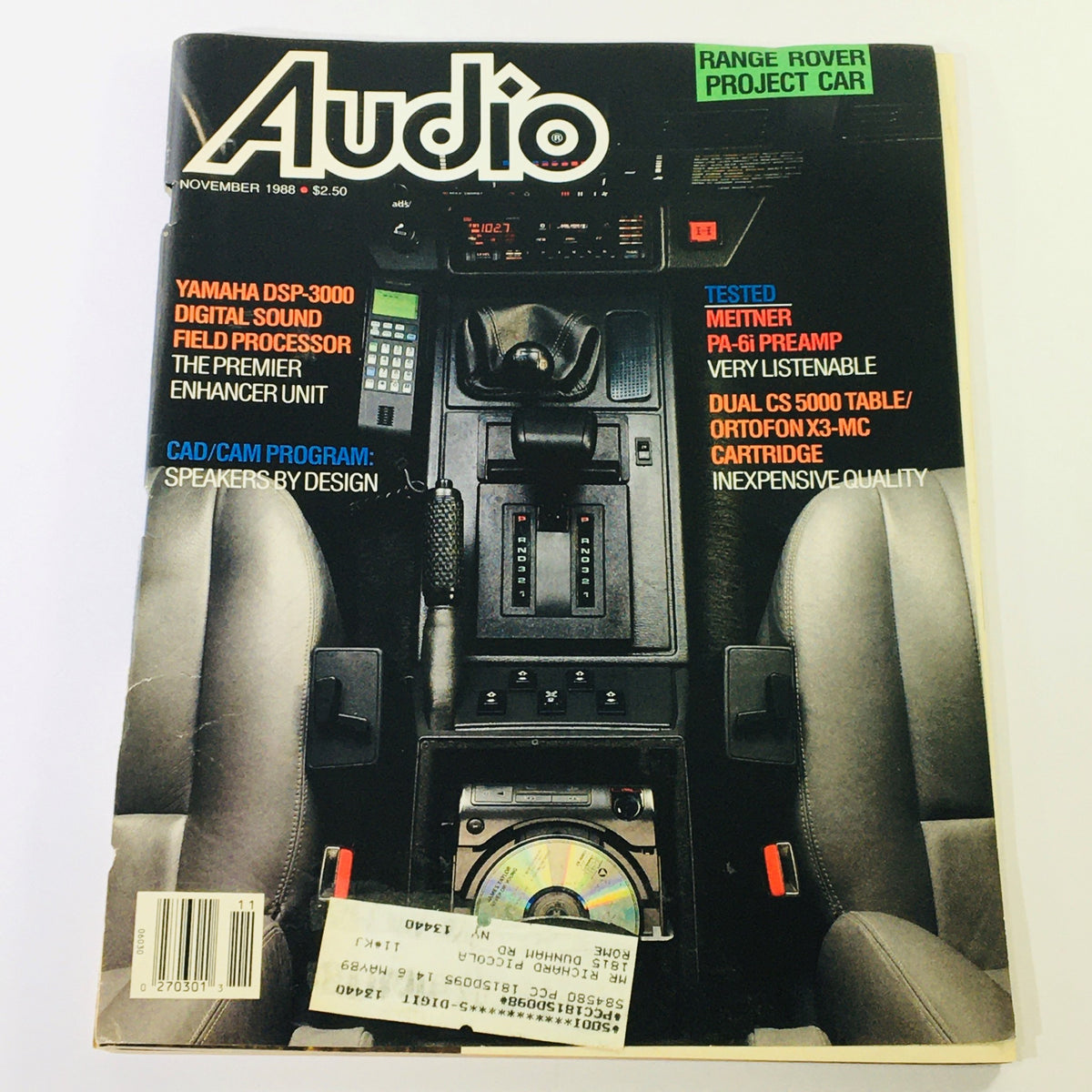 Cover of VTG Audio Magazine November 1988 featuring Meitner PA-6i Preamp and Dual CS 5000 Turntable, showcasing vintage audio technology with an image of a car interior and text highlighting featured products.
