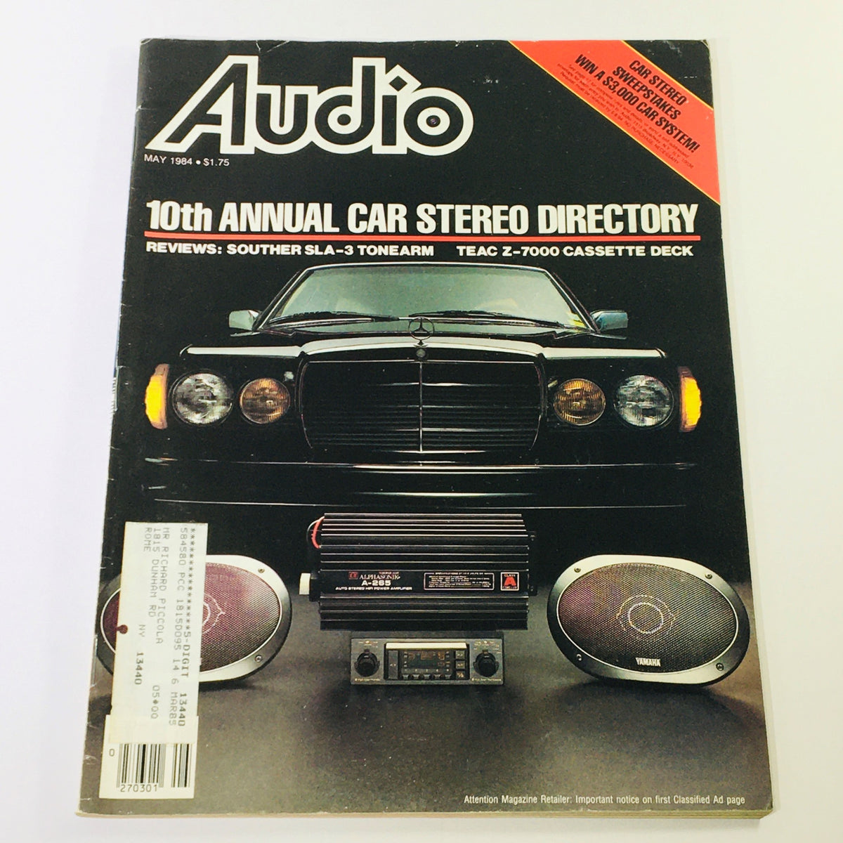 Audio Magazine May 1984 featuring Souther SLA-3 Tonearm and Teac Z-7000 Cassette Deck on the cover, showcasing a vintage car stereo setup.