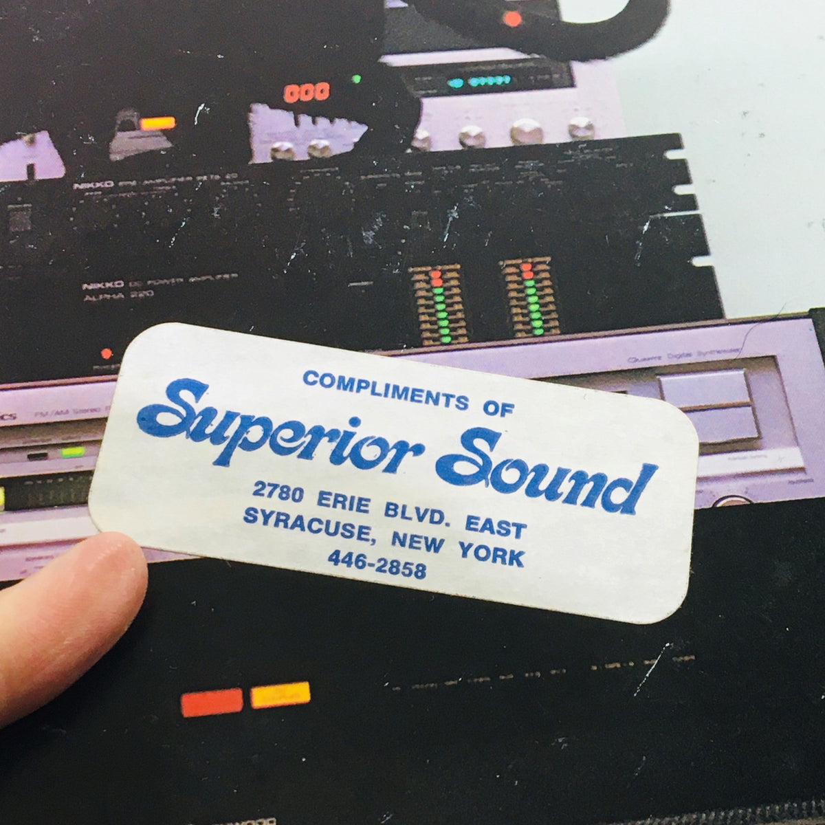 Close-up of a sticker from Superior Sound on the VTG Audio Magazine October 1980, emphasizing its relevance to audio equipment and vintage collectibles.