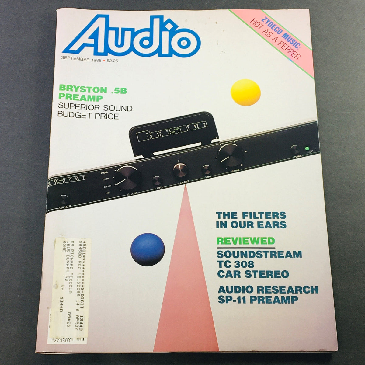 Vintage Audio Magazine September 1986 featuring Bryston .5B Preamp and Soundstream TC 308 review, showcasing a colorful cover with audio equipment and bold text, highlighting superior sound at budget prices.