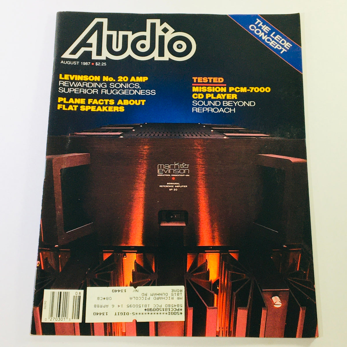 Cover of Vintage Audio Magazine August 1987 featuring the Levinson No. 20 Amplifier and Mission PCM7000 CD Player. The magazine highlights premium audio equipment with a focus on sound quality.
