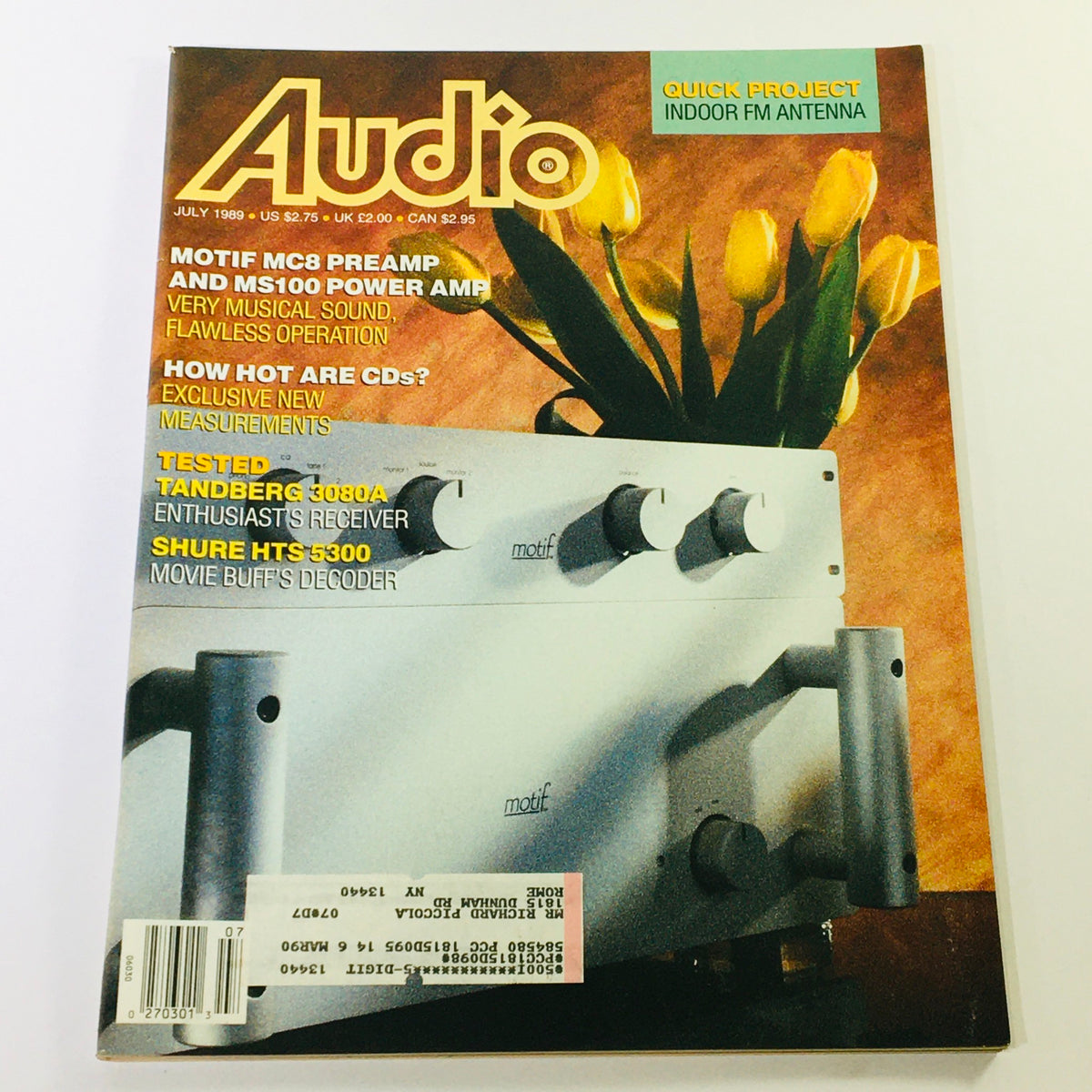 Vintage Audio Magazine cover from July 1989 featuring Motic MC8 Preamp and MS100 Power Amp, exploring audio technology and reviews, ideal for collectors and audio enthusiasts.