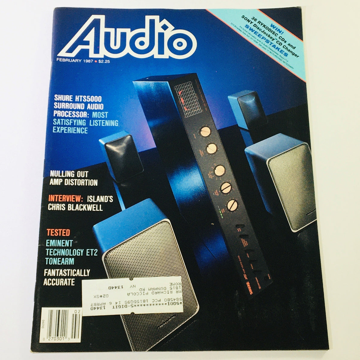 Cover of VTG Audio Magazine from February 1987 featuring an exclusive interview with Island's Chris Blackwell and showcasing the Shure HTS5000 surround audio processor, highlighting audio technology and music industry insights.