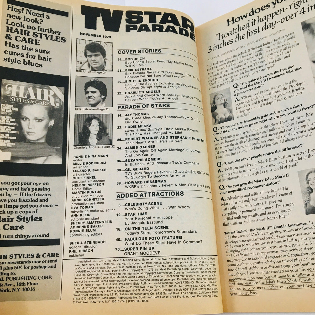 Inside page of TV Star Parade Magazine November 1979 showcasing cover stories including Bob Urich and Erik Estrada, along with other star features.