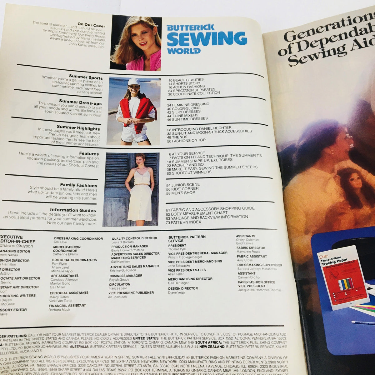 Inside pages of Butterick Sewing World Magazine Summer 1980 displaying contents, including articles on summer fashion trends, sewing patterns, and features like 'Family Fashions' and 'Summer Dress-ups'.