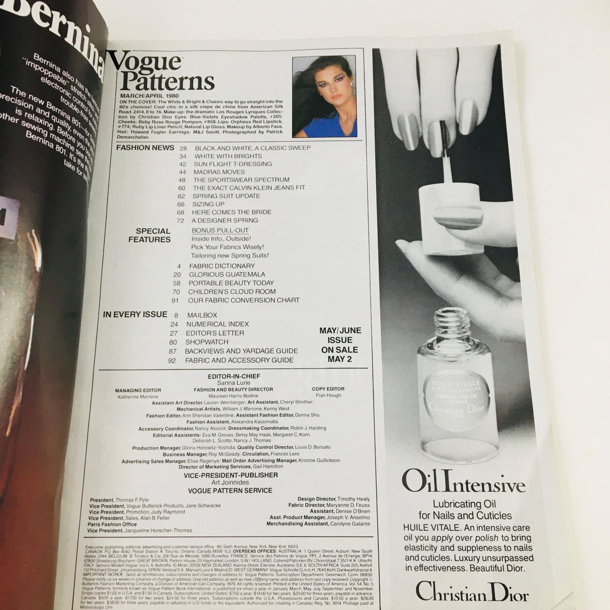 Interior page of Vogue Patterns Magazine March 1980 displaying the table of contents with fashion news and special features, reflecting the latest trends from the 1980s.