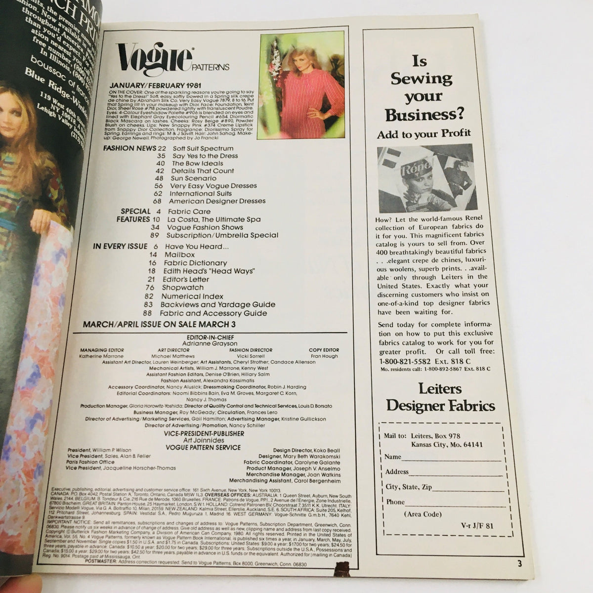 Inside page of Vogue Patterns Magazine January 1981 displaying the table of contents and special features, capturing the essence of early '80s fashion.