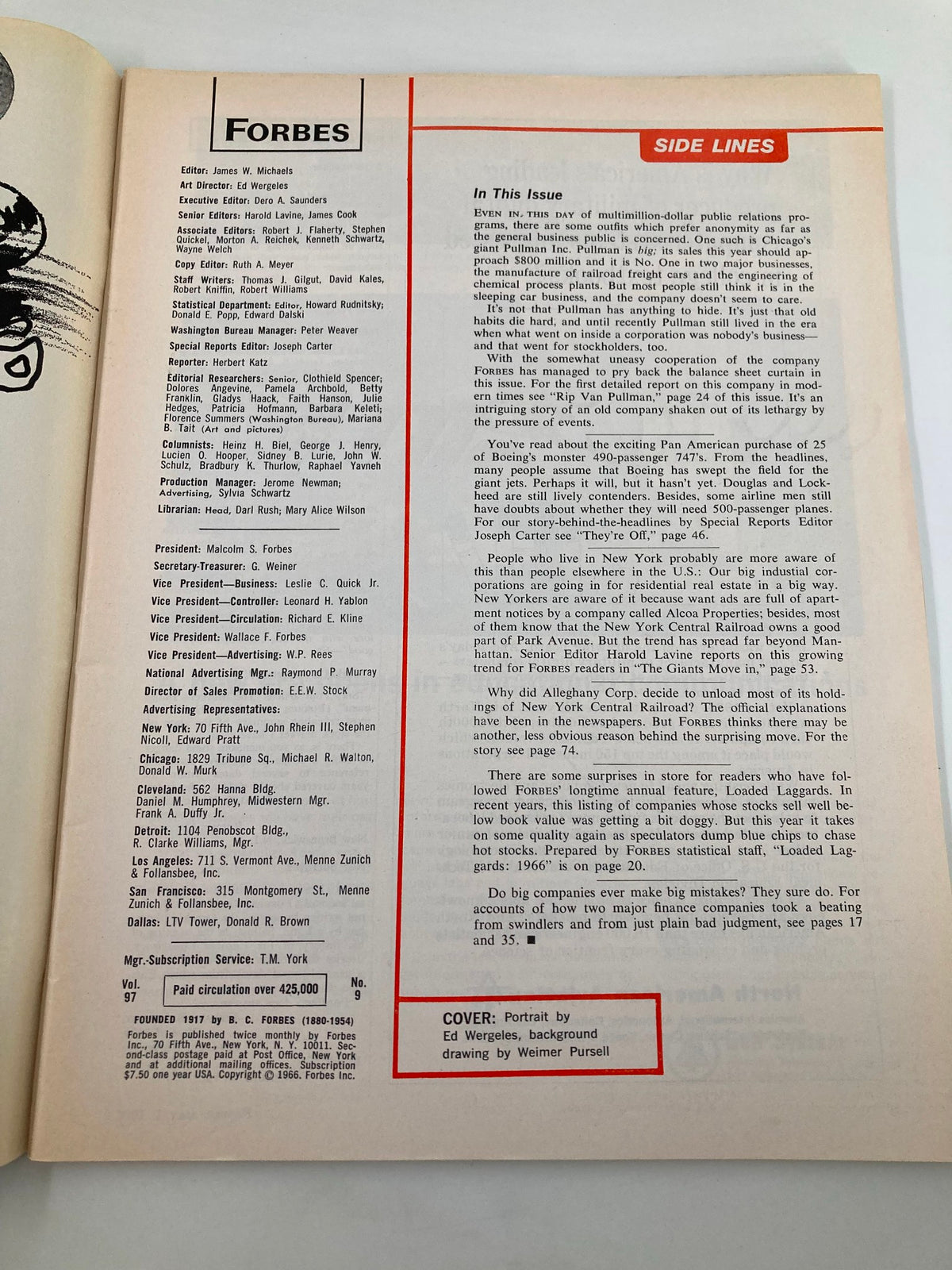 Inside page of the VTG Forbes Magazine May 1 1966 showing editorial staff and issue details with a portrait cover note.