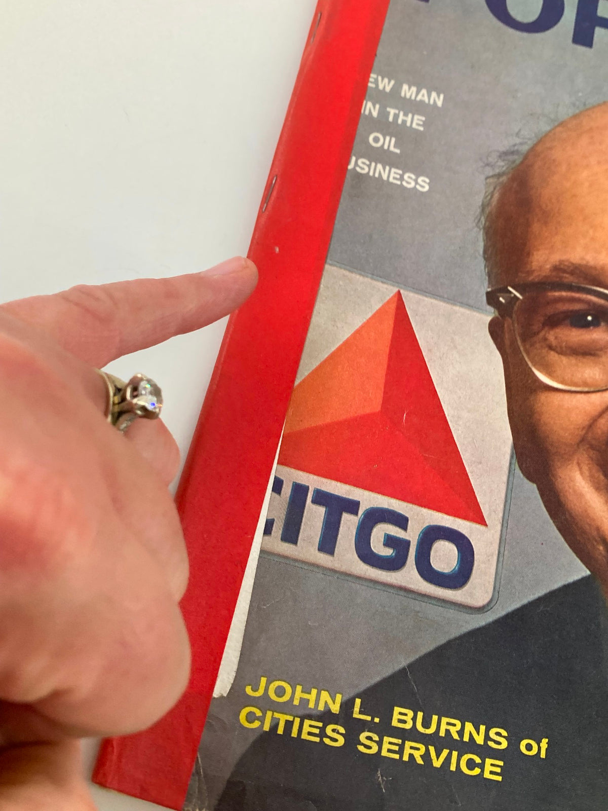 Side view of the VTG Forbes Magazine April 15, 1966, highlighting the cover's corner with John L. Burns of Cities Service and the CITGO logo, showcasing its vintage appeal.