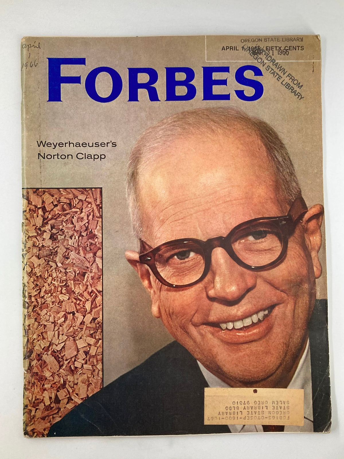 Cover of VTG Forbes Magazine April 1 1966 featuring Weyerhaeuser's Norton Clapp, showcasing an image of Norton Clapp with glasses and a backdrop of wood chips.
