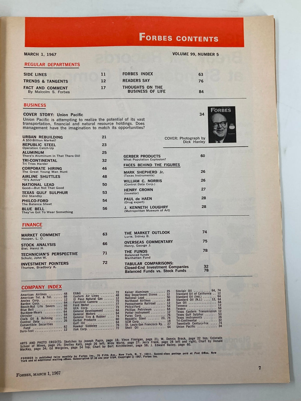Contents page of Forbes Magazine dated March 1, 1967, providing an overview of articles including the cover story on the Union Pacific Railroad. The layout includes sections like Business, Finance, and Company Index.