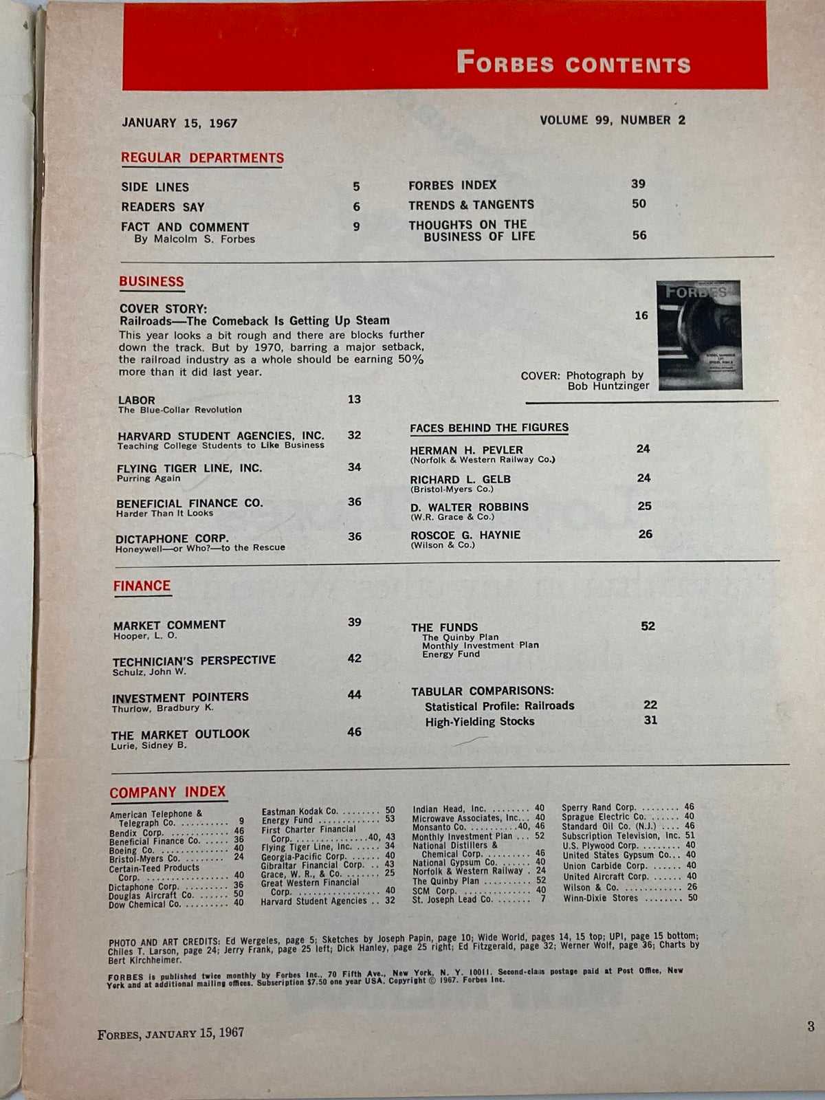 Forbes Magazine January 15, 1967, Contents page highlighting articles and features from the issue, including the cover story on railroads and various finance sections.