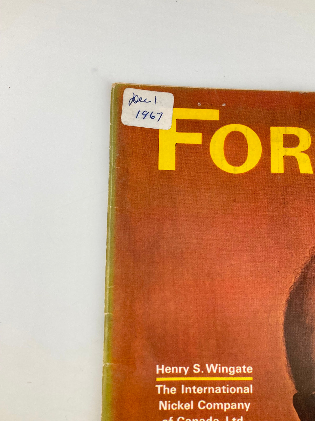 Close-up of the VTG Forbes Magazine December 1 1967 cover showing the publication date and title, emphasizing its vintage appeal.