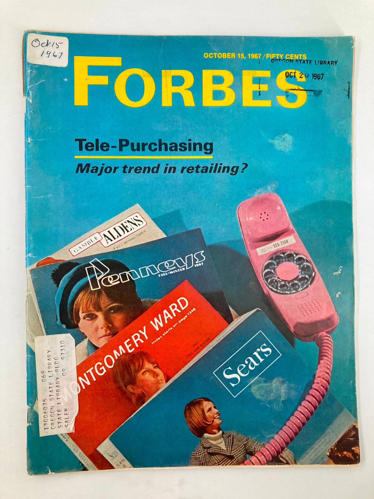 Cover of VTG Forbes Magazine October 15 1967 featuring the headline 'Tele-Purchasing' and images of retail catalogs from Montgomery Ward, Penneys, and Sears, highlighting a major trend in retailing.