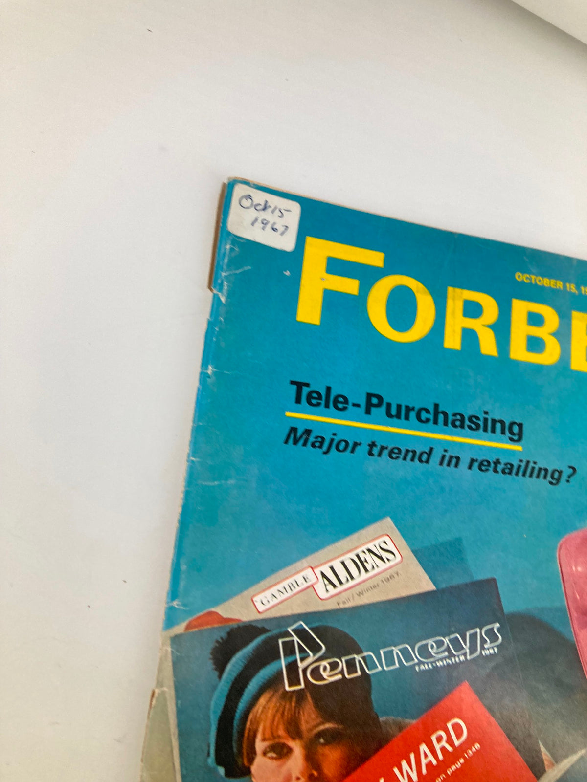Cover of VTG Forbes Magazine October 15, 1967 featuring tele-purchasing as a major trend in retailing, with visible wear and an October 15, 1967 label.