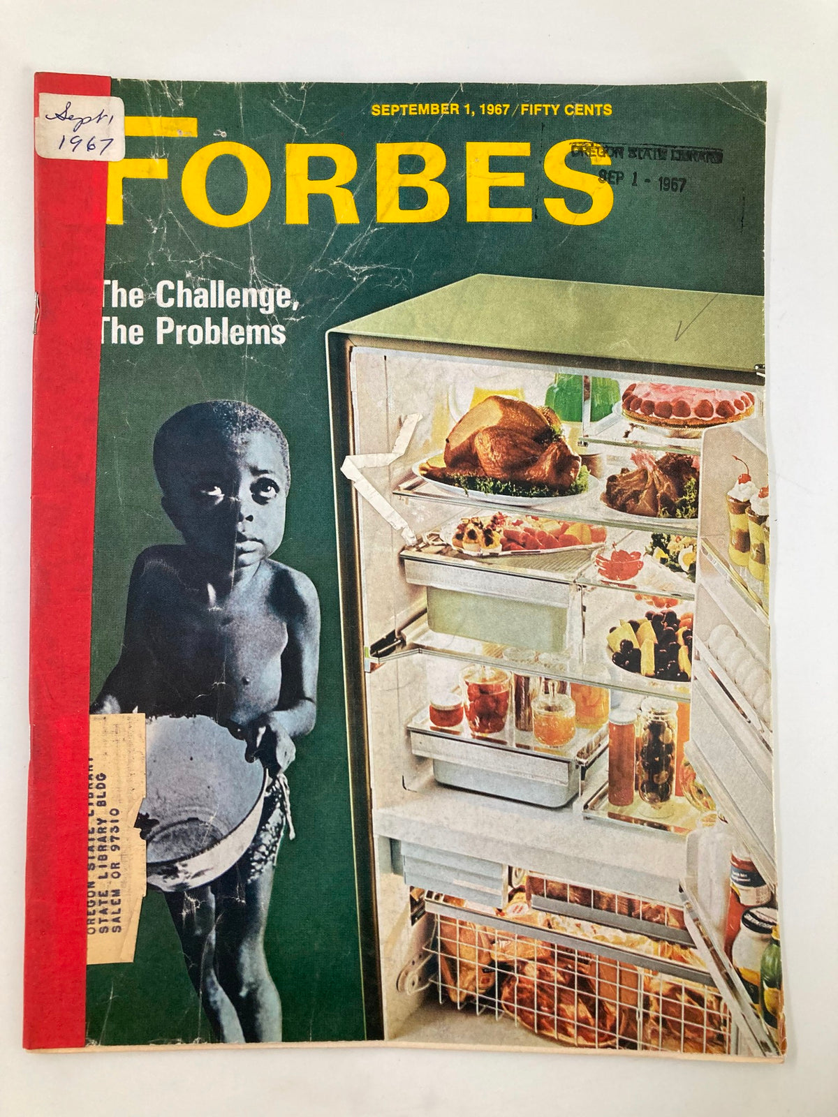 Cover of VTG Forbes Magazine September 1 1967 featuring an image of a young child and a refrigerator full of food, highlighting the theme 'World Hunger: The Challenge, The Problems'.