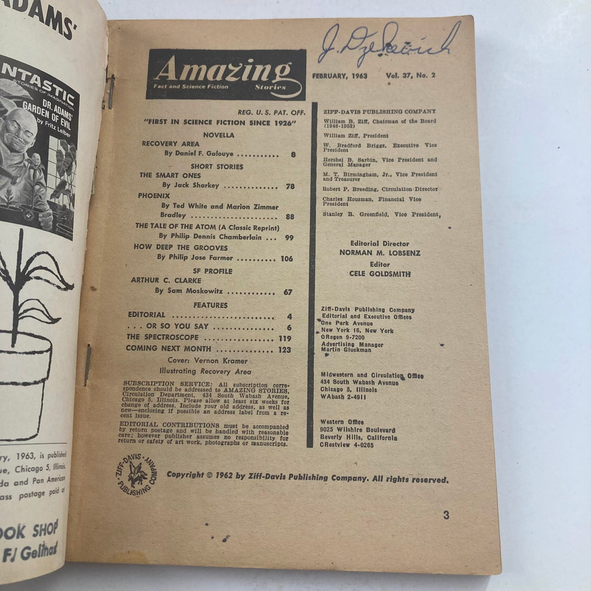 Inside page of Amazing Science Fiction Stories Magazine from February 1963, featuring the table of contents and publication details, showcasing 'Recovery Area' novella by Daniel F. Galouye and contributions from notable authors. This vintage magazine is a collectible piece highlighting the golden age of science fiction.