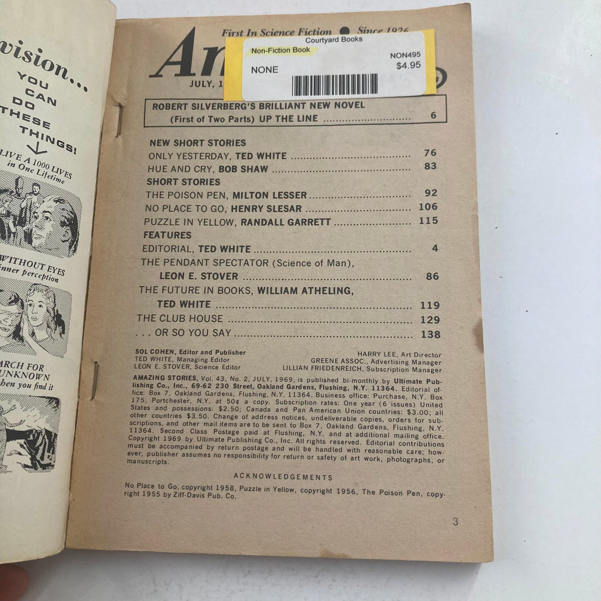 Inside page of Amazing Science Fiction Stories Magazine July 1969 detailing contents including 'The Poison Pen' story.