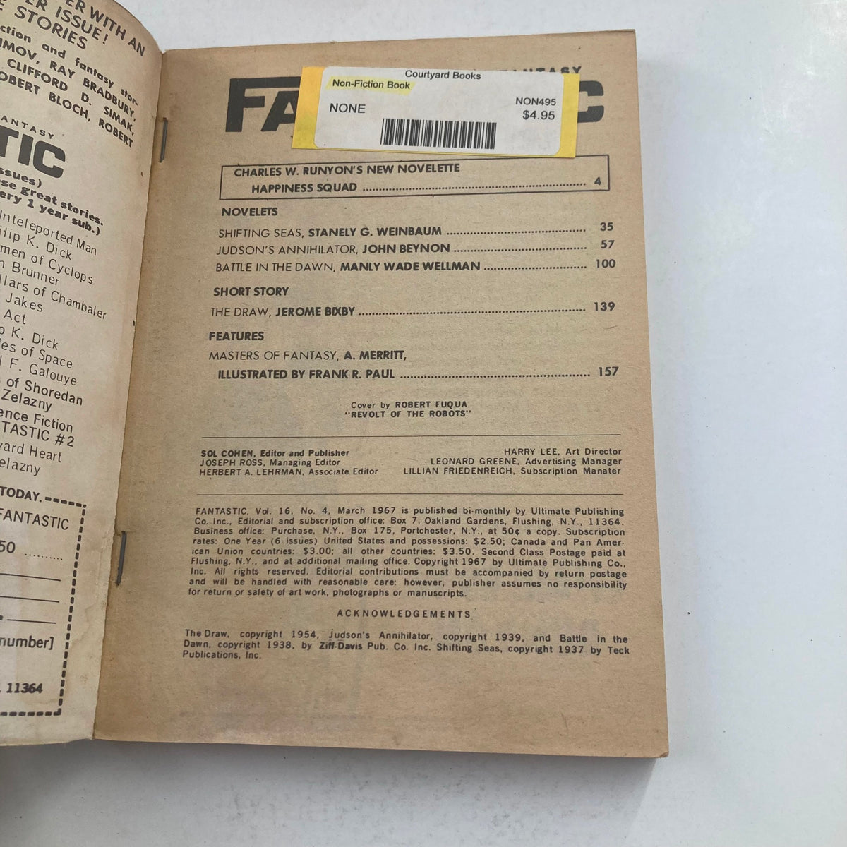 Interior page of Fantastic Science Fiction Magazine March 1967 displaying the table of contents and publication details, showcasing stories by notable science fiction authors.