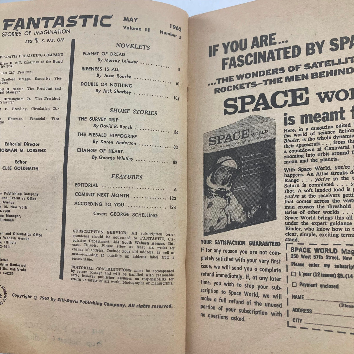 Interior page of Fantastic Stories of Imagination Magazine May 1962, displaying the contents including stories like Planet of Dread and other features from Volume 11, Number 5.