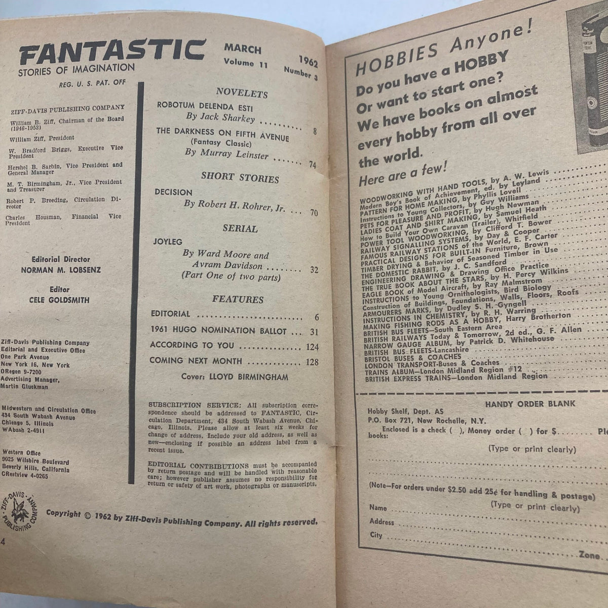 Interior pages of the March 1962 issue of Fantastic Stories of Imagination Magazine, displaying the table of contents and features, including 'Darkness on Fifth Avenue' by Murray Leinster.