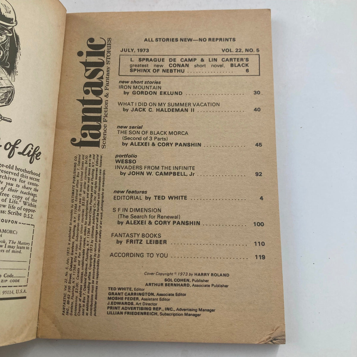 Inside page of Fantastic Magazine July 1973 Vol 22 No. 6 displaying the table of contents, highlighting articles and stories including the Conan short novel Black Sphinx of Nebthu, alongside other fantasy narratives.