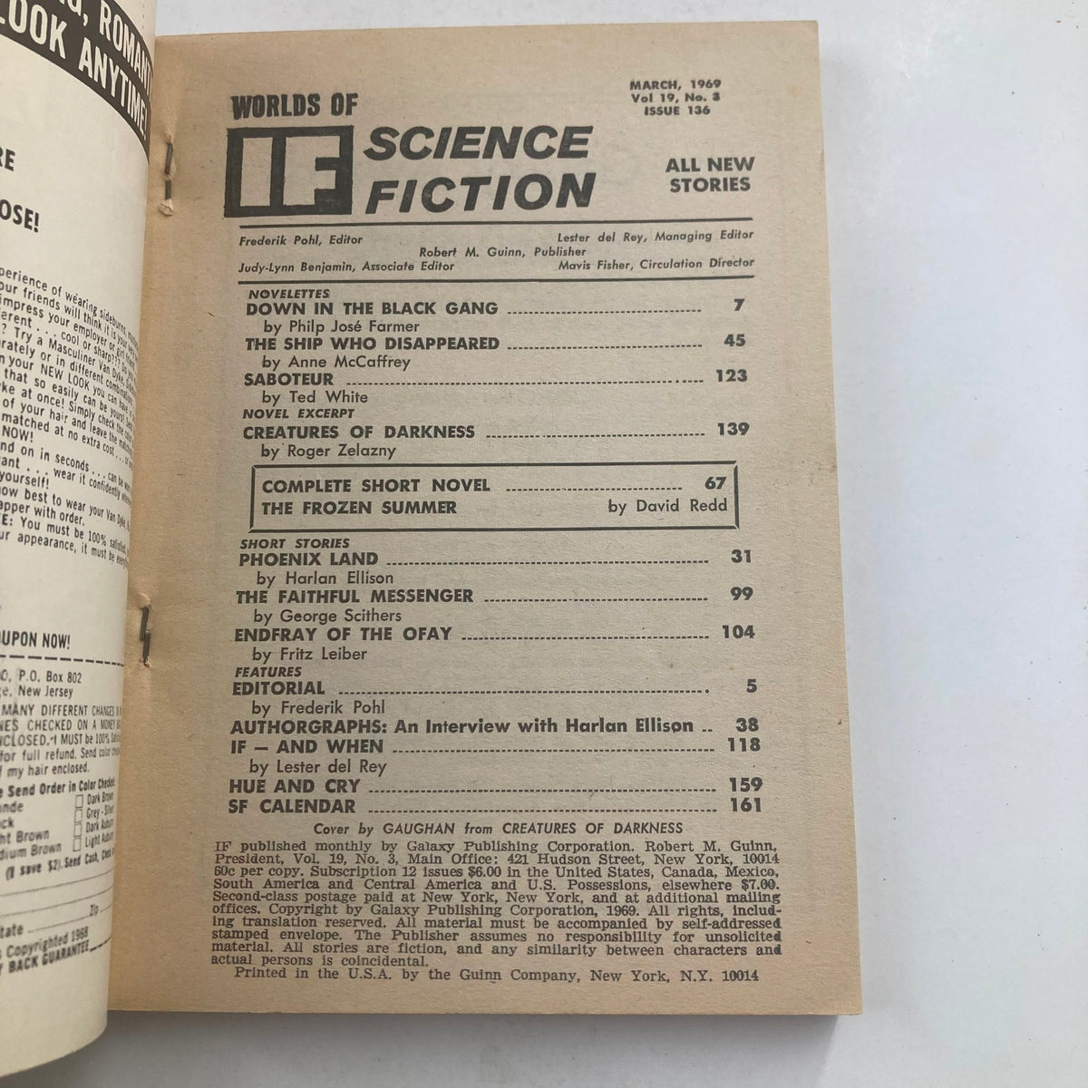 Inside page of If Science Fiction Magazine, March 1969, Vol 19 No 3, displaying the table of contents including the complete short novel The Frozen Summer by David Redd.