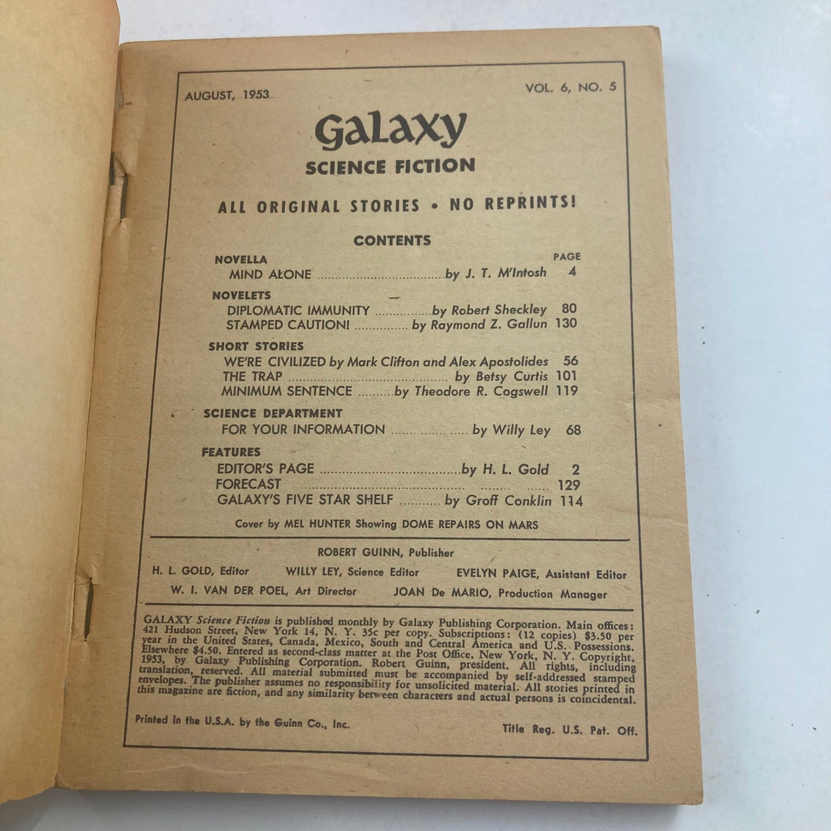 Contents page of Galaxy Science Fiction Magazine August 1953, Vol 6 No. 5 showcasing the novella "Mind Alone" and various short stories with a list of contributors.