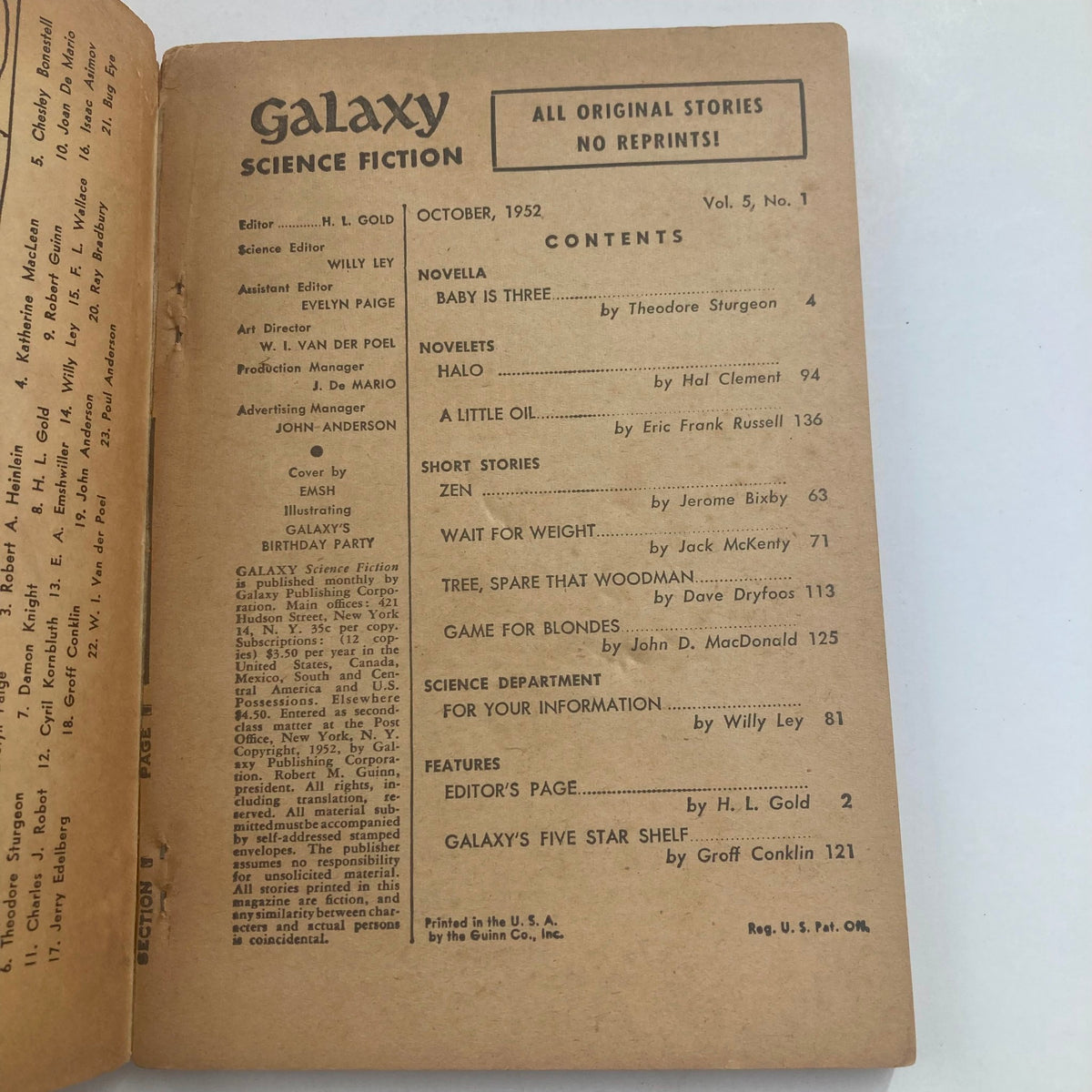 Interior content page of Galaxy Science Fiction Magazine October 1952, detailing novella and short stories featured in this vintage issue.
