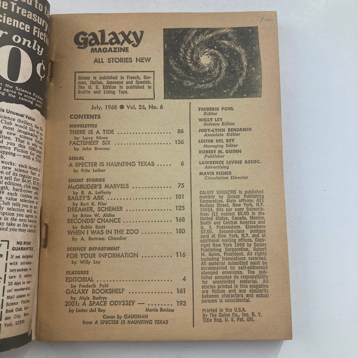 Interior page of Galaxy Science Fiction Magazine July 1968 displaying the table of contents and features including 'A Specter is Haunting Texas' by Fritz Leiber.