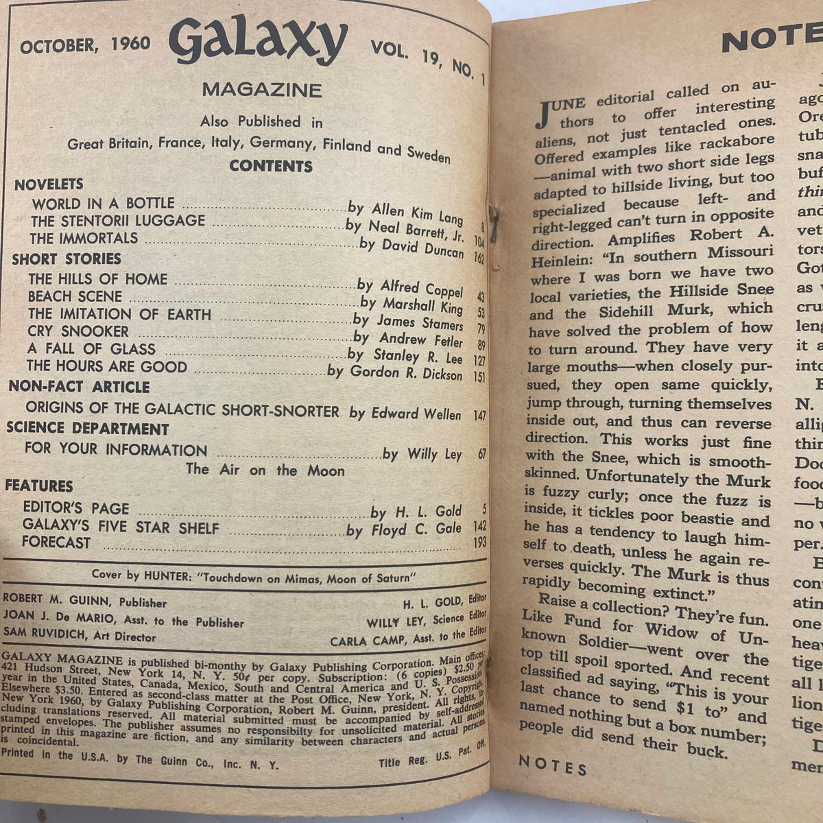 Interior view of Galaxy Science Fiction Magazine, October 1960 edition, featuring table of contents including stories like 'World In A Bottle' and 'The Air on the Moon.'
